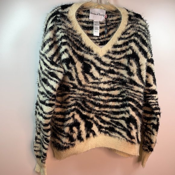 House Of Sunny Zebra Print V-Neck Jumper Heavy Long Sleeve Sweater Size 4 NWT! - Picture 3 of 13